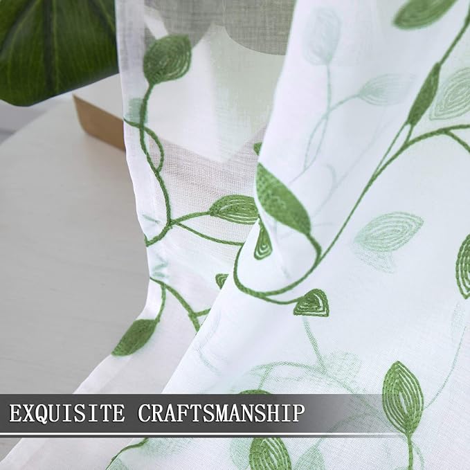 Tollpiz Leaves Sheer Curtain Green Leaf Embroidery Living Room Curtains Rod - Image 6