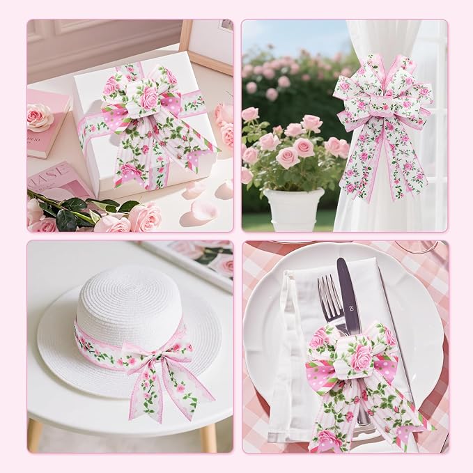 4 Rolls Pink Rose Floral Wired Edge Ribbon – 2.5 Inch, 5 Yards Each, Summer - Image 7