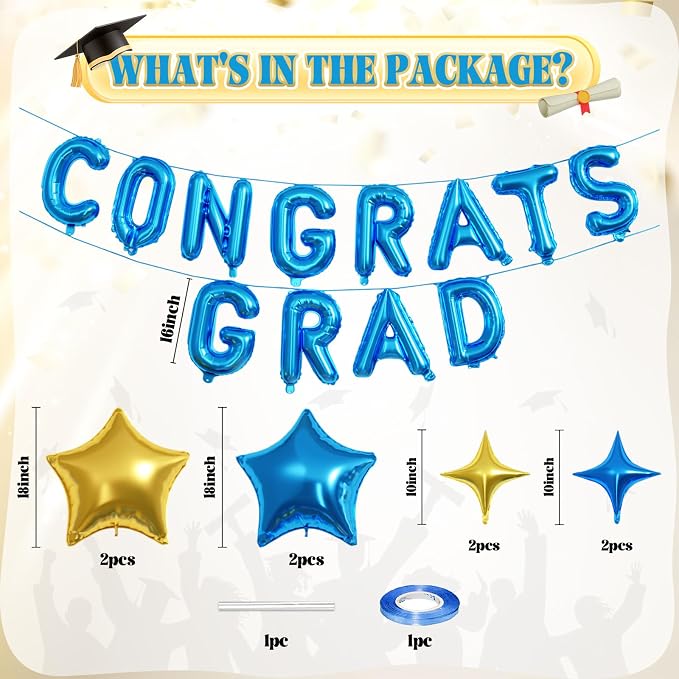 Congrats Grad Balloons, 16 Inch Blue Gold Congrats Grad Letters Banner Balloons - Image 2