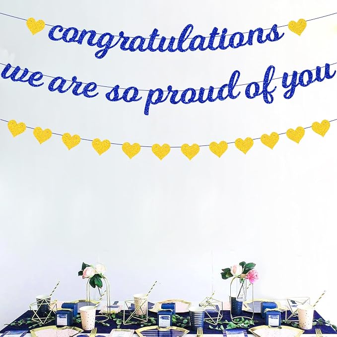 Zwiebeco Blue Gold Congratulations Banner We are So Proud of You Sign Hearts - Image 3