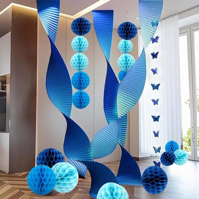 Blue Paper Honeycomb Balls, 6 and 10 inch Hanging Tissue Pompoms, 12 Pack Party - Image 6