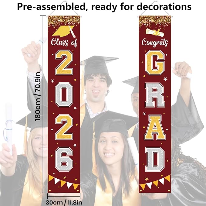 Graduation Decorations 2026 GRAD Banner Maroon Porch Door Sign Welcome Banner - Image 4