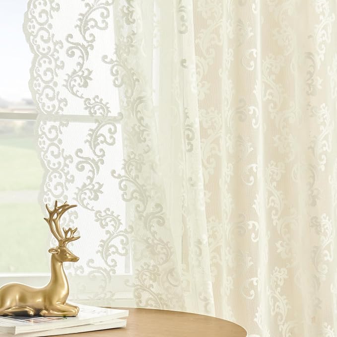 FOLKSIDE Ivory Lace Curtains 45 Inch Length 2 Panels set Paisley Floral Sheer by FOLKSIDEHomeDecoration