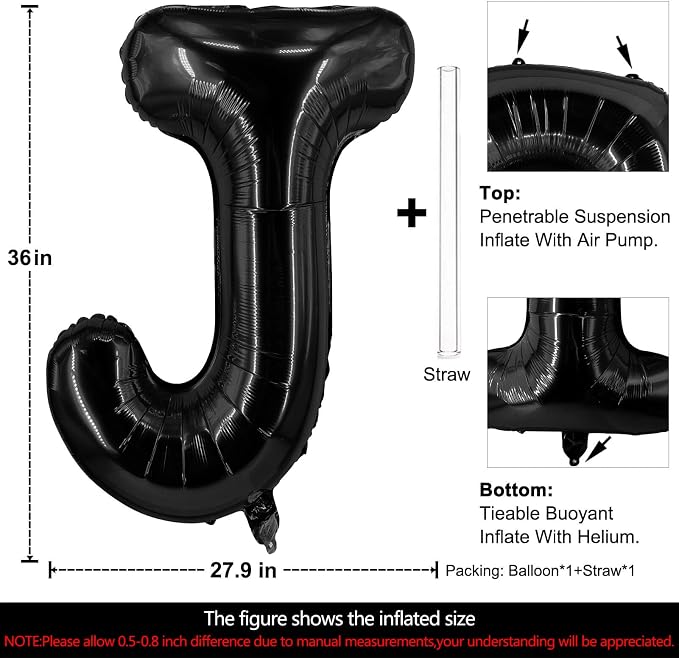 Lovoir 40 Inch Large Black Letter J Balloons Big Size Jumbo Mylar Foil Helium - Image 2
