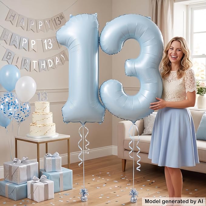 40" Light Blue Foil Number 13 Balloon - Image 3