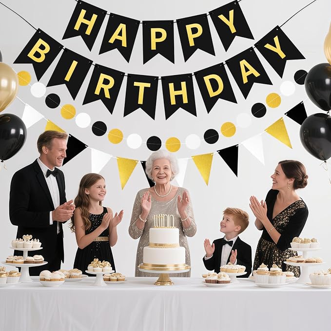 Black Gold Happy Birthday Banner, Happy Birthday Decorations Hanging Birthday - Image 4