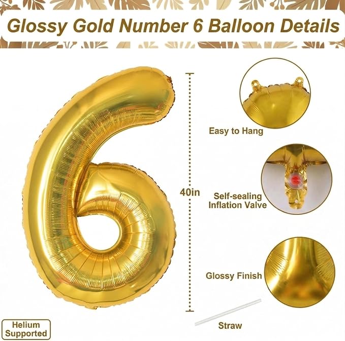 Gold Number 6 Balloon 40 Inch, Shiny Gold Foil Decor - Image 4