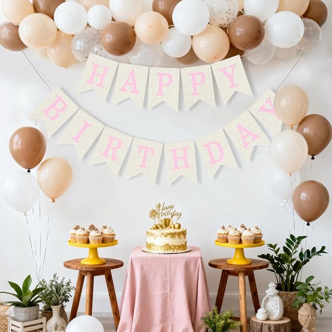White Burlap Happy Birthday Banner Sign Birthday Garland Wall Door Hanging - Image 2