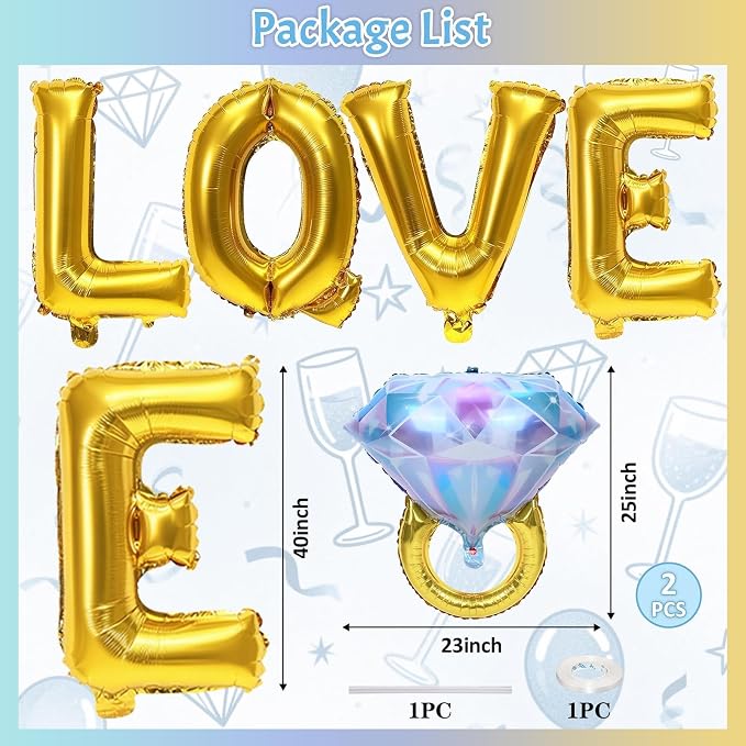 40inch Gold Love Balloons with 2pcs Diamond Ring Foil Balloons, Large Love - Image 3