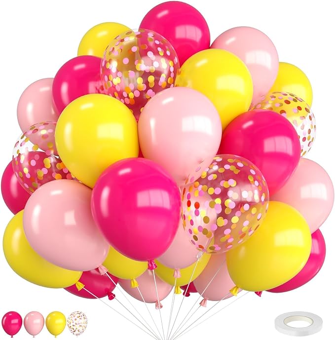Pink and Yellow Balloons, 12 Inch Maca Hot Pink Yellow Confetti Balloons by FEYG