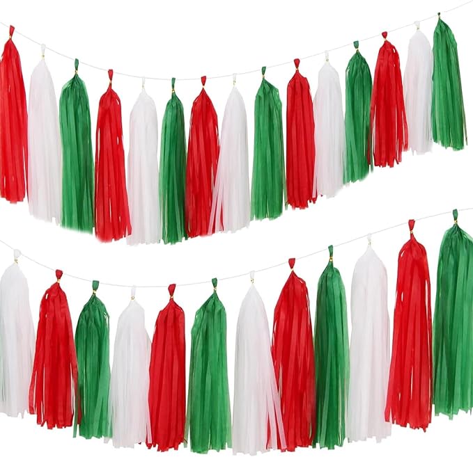 Red White Green Christmas Tissue Paper Tassel Garland Holiday Banner DIY by Unknown