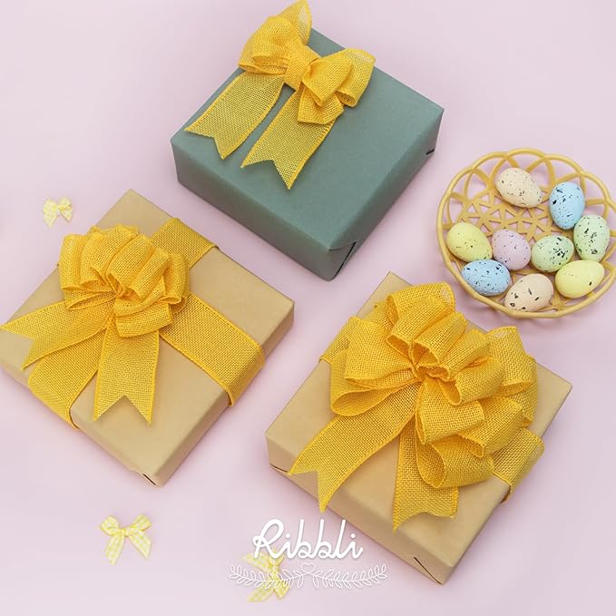 Ribbli Yellow Burlap Wired Ribbon,1-1/2 Inch x 10 Yard, Wired Edge Ribbon for Big Bow,Wreath,Tree Decoration,Outdoor Decoration