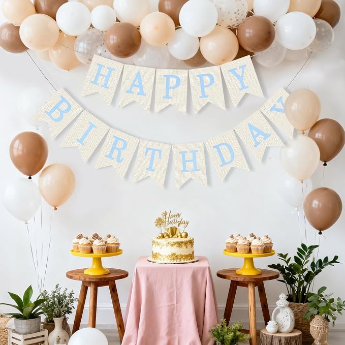 White Burlap Happy Birthday Banner Sign Birthday Garland Wall Door Hanging - Image 2