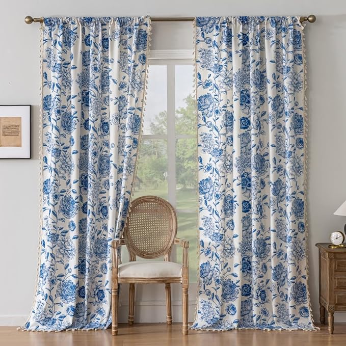F-CHU Blue Floral Curtains Bohemian Drapes 72 Inch Length Cotton Linen Boho - Image 7