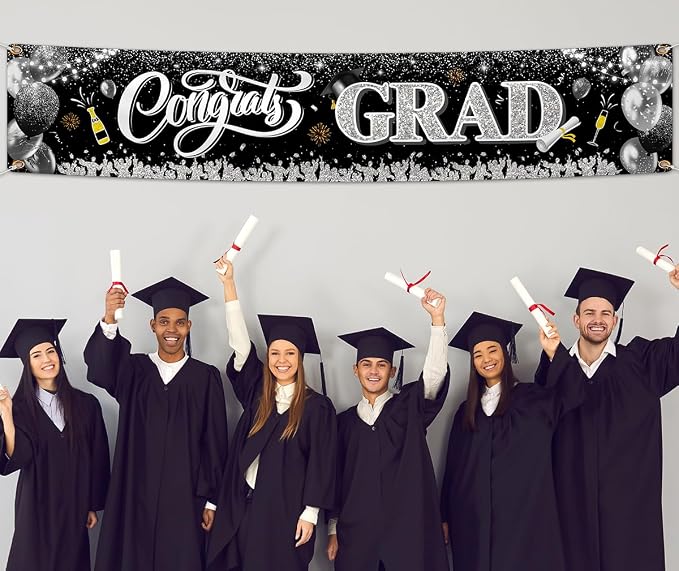 2026 Graduation Decorations-Black and Silver Congrats Grad Yard Sign Banner - Image 5