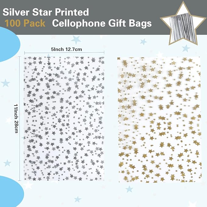 100 Pcs Star Printed 5"X 11" Gift Wrap Cello Cellophane Treat Bags Plastic Poly - Image 2