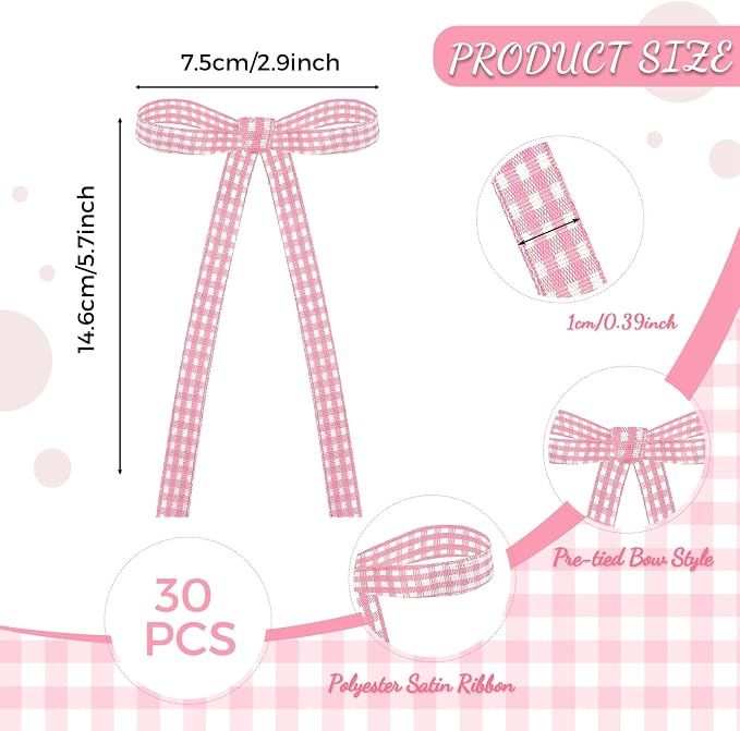 30 Pack Bow Cake Toppers Pink Gingham Ribbon Bows - Image 6