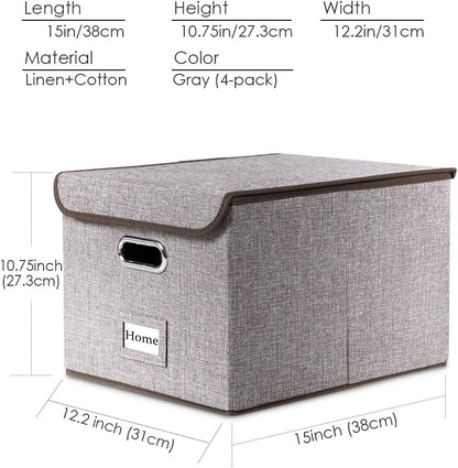 PRANDOM File Organizer Box - Set of 4 Collapsible Decorative Linen Filing Storage Hanging File Folders with Lids Office Cabinet Letter Size (15x12.2x10.75 inch)