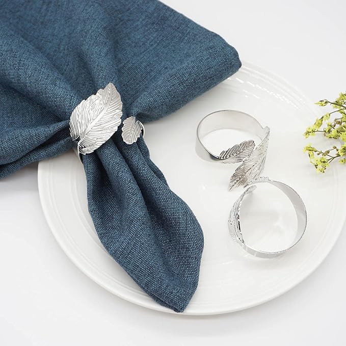 Silver Leaf Napkin Rings Set of 6, Leaves Napkin Rings for Table Setting, Metal Leaf Napkin Holder Rings for Holiday Party, Wedding, Banquet, Formal or Casual Dinning Table Decor (Silver)