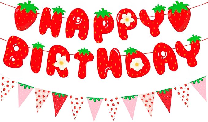 MEETINGU Strawberry Happy Birthday Banner and Strawberry Pennant by MEETINGU