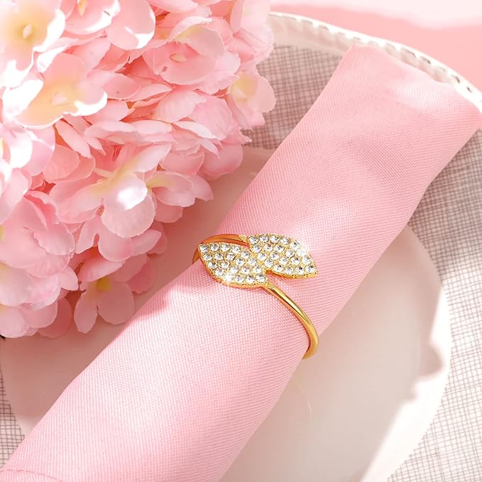 Hotop 100 Pcs Napkin Rings Gold Table Decorations, Elegant Bling Leaves Napkin Rings, Rhinestone Guest Towels Buckle for Wedding Gold Party, Thanksgiving Christmas Dinner Banquet Table Decoration