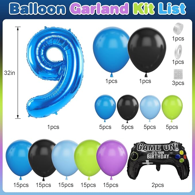 9th Birthday Video Game Balloons Arch, 9th Party Balloons Garland Kit 9th Game - Image 2