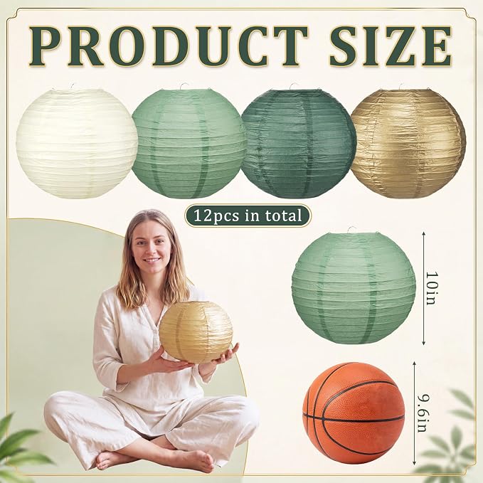 12 Pcs 10" Golg Greem Boho Paper Lanterns Party Classroom Decor - Image 3