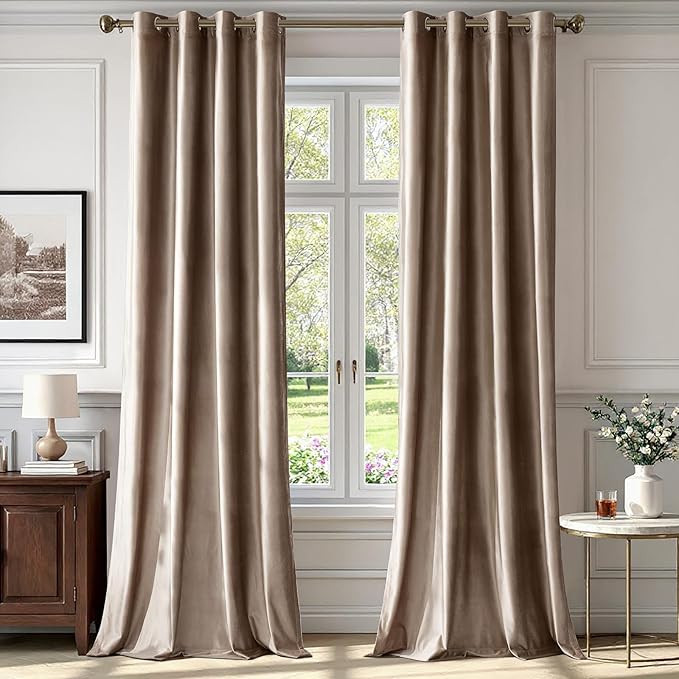BULBUL Taupe Velvet Blackout Curtains 102 inch Long by ModernShinyVelvetCurtains