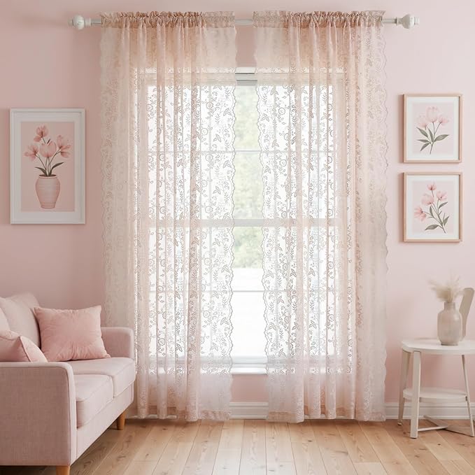 Blush Pink Floral Sheer Lace Curtains by FINECITY
