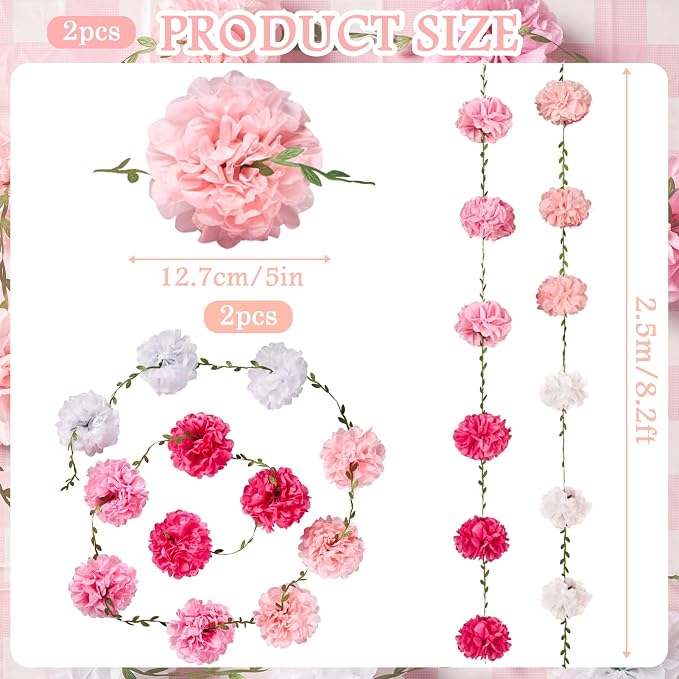Gradient Pink Tissue Paper Pom Pom Garlands, Paper Flowers - Image 2