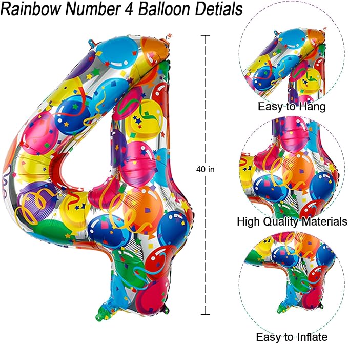 Large Rainbow Number 4 Balloon, 40 Inch Colorful Foil Number Balloons 0-9 - Image 4