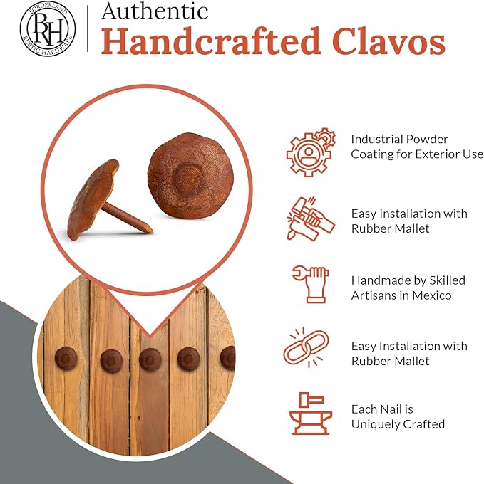 10 Pack 1" Small Round Head Iron Clavos Decorative Nails – Rusted – Handmade Rustic Round Fasteners for Farmhouse Shutter, Faux Wood Beams, Barn Door, Shutters, and Gates – Ornamental Wood Accent