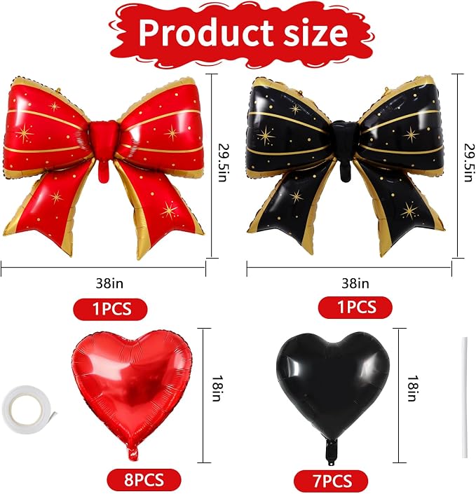 Vuzvuv Red Black Bow Heart Balloons Set, Anniversary, Bridal Shower（Mix Colors） - Image 2