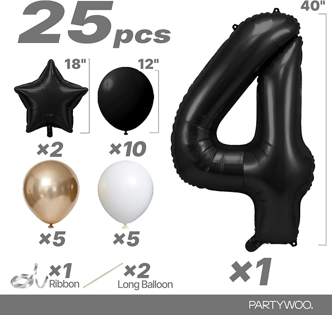 PartyWoo Number Balloons 40 Inch Black Number 4 Kit 25pcs - Image 2