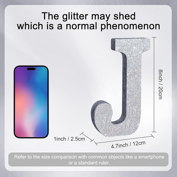 TONIFUL 8 Inch Silver Glitter Letter J Table Centerpiece A-Z Silver Birthday Party Decorations,Silver Alphabet J for Birthday,Chrismas,Graduation,Bridal Shower,Wedding,Anniversary Party Supplies