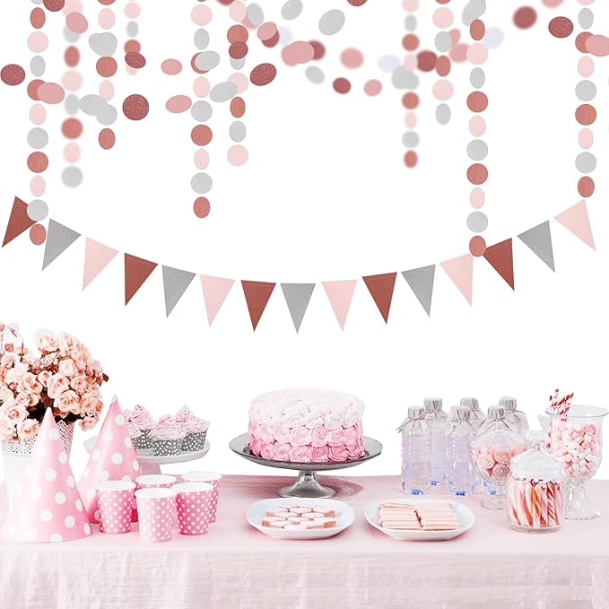 Rose-Gold Pink Silver Party Decorations - 52Ft Paper Streamer Women Girls Happy Birthday Decoration Baby Bridal Shower Garland Bachelorette Banner Engagement Brunch Mothers Day Decor