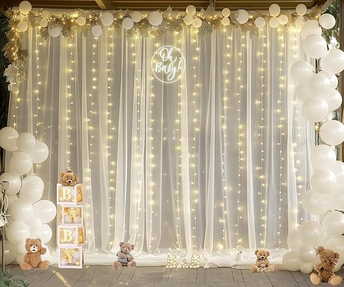 Ivory Tulle Backdrop Curtains with Lights String for Parites Wedding 20×10ft Ivory Sheer Backdrop Curtains for Baby Shower Birthday Party Photo Shoot Background Decorations(4 Panels 5ft×10ft)