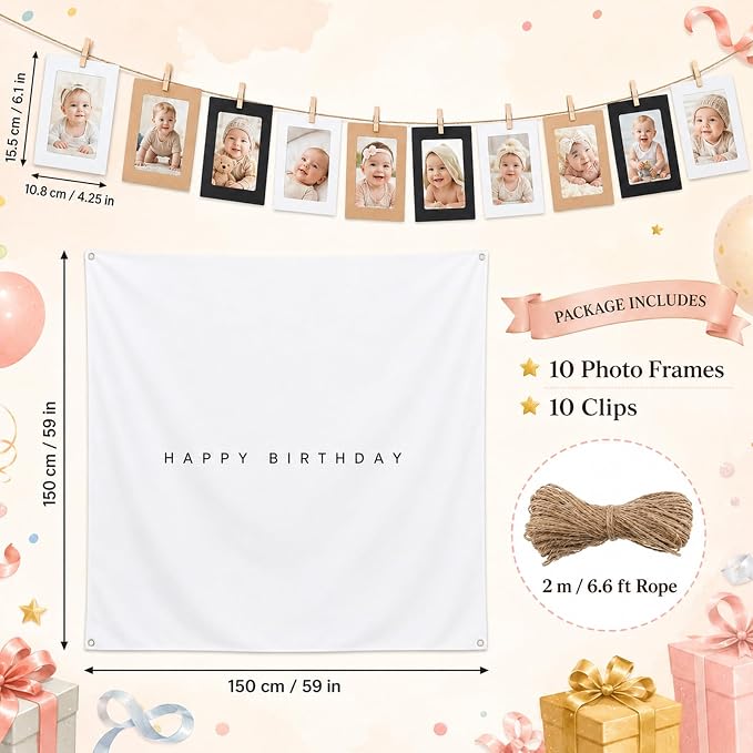 Wiooffen 59x59 In Happy Birthday Tapestry Minimalist White Fabric Banner Happy - Image 2