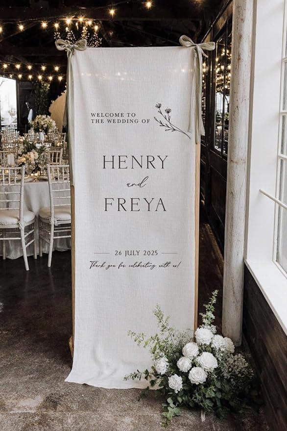 Personalized Wedding Welcome Banner Linen – Custom Names & Date, Elegant Fabric by Custom