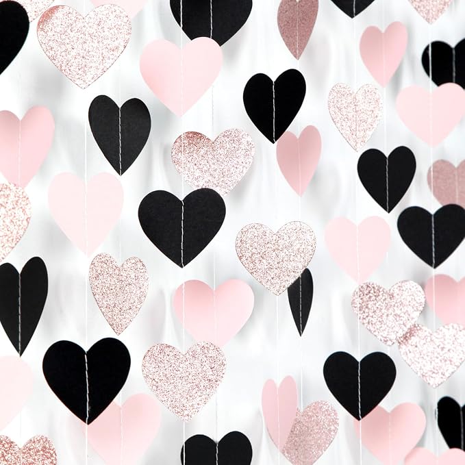 Rose-Gold Black-Pink Valentines Party-Decorations Heart-Garland - 52ft Glitter by Burgleda