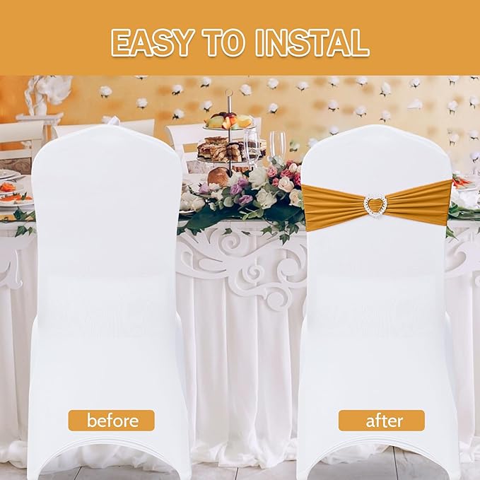 Howhic Pack of 30 Spandex Chair Sashes Bows Stretch Chair Cover Band with Buckle Slider Universal Elastic Chair Ties for Wedding Banquet Party Event Decoration (Gold)
