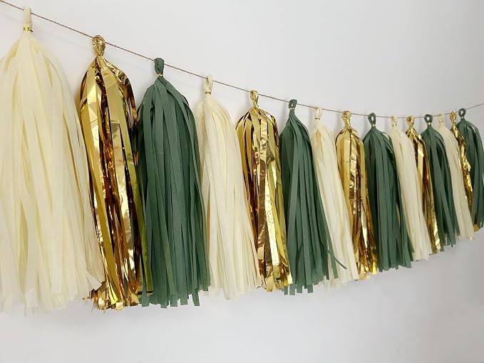 20Pcs Sage Green Gold Mylar Tassels Garland Tissue Paper Tassels Banner DIY Kit - Image 2