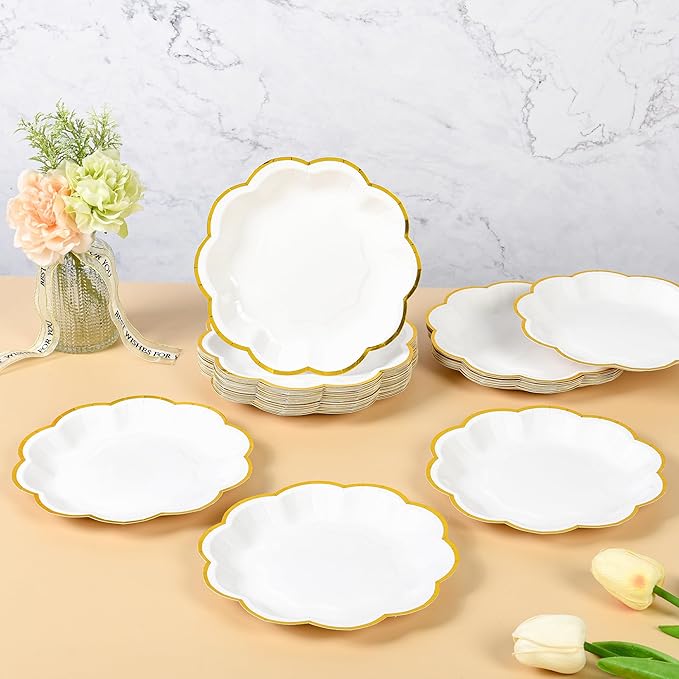 White Golden Party Plates Gold Foil Dessert Paper Plate 7inch Scalloped Edge Disposable Cake Plates for Tea Party Birthday Bridal Baby Shower Wedding Party Supplies (24, White)