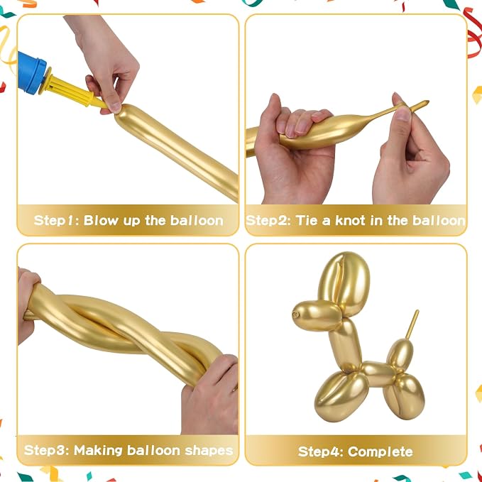 RUBFAC 260 Long Metallic Gold Twisting Balloons - Image 4