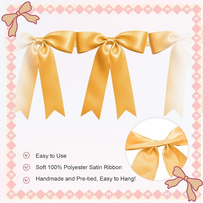 2 Strings of 16PCS Golden Bow Garlands Banner Decoration, Pre-Strung Satin - Image 3