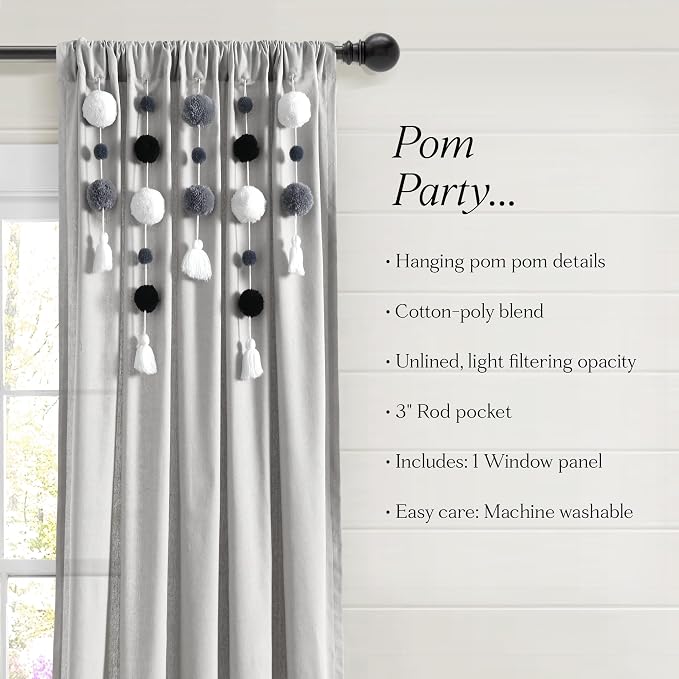 Lush Decor Boho Pom Pom Tassel Linen Textured Window Curtain Panel, Single 52" - Image 8