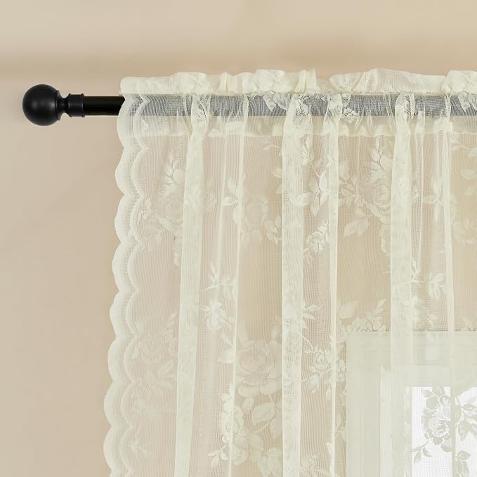 SEEKRIGHT Ivory Lace Cafe Curtains 36 Inch Length Rod Pocket Privacy Sheer - Image 4