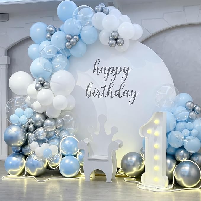 Blue and White Balloons, 12 Inch Baby Pastel Light Blue White Metallic Silver - Image 3