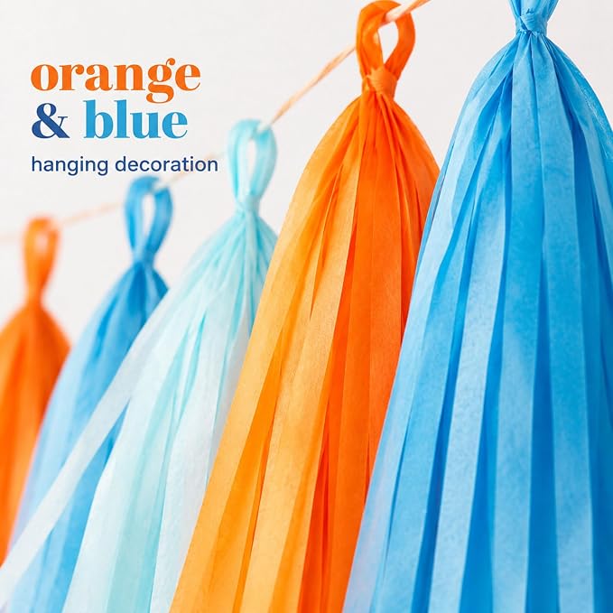 Orange and Blue Paper Tassel, 20 Pack, Party Decorations - Image 3