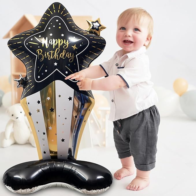 59" Black & Gold Standing Star Happy Birthday Foil Balloon | giant black gold - Image 3